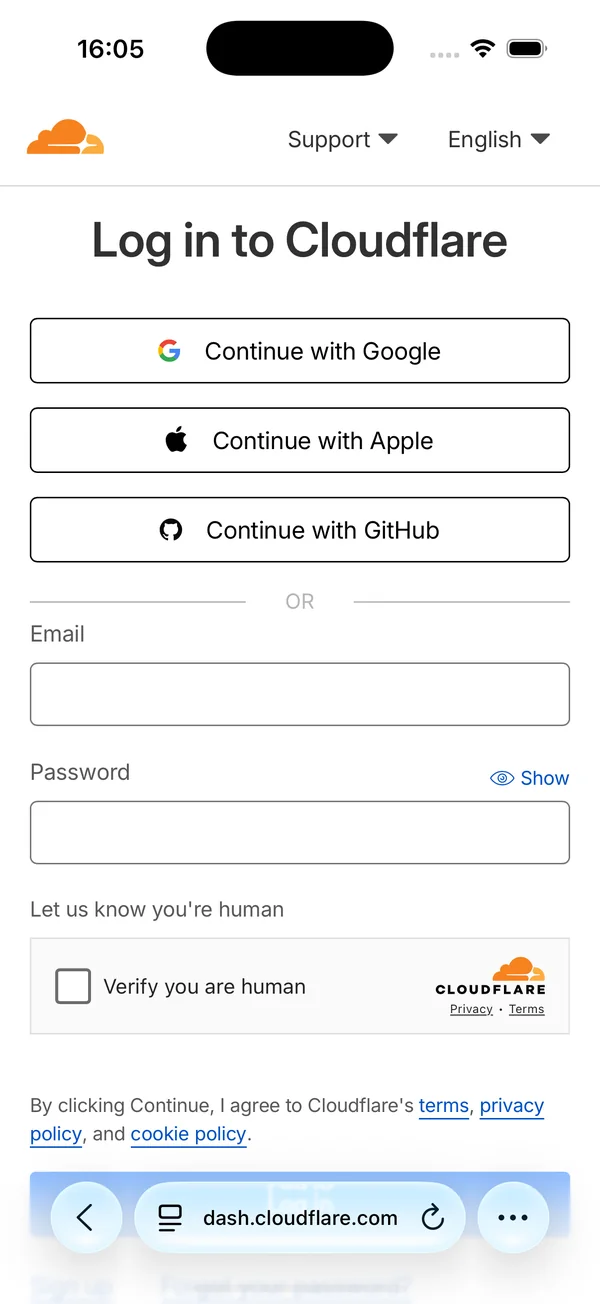 Cloudflare's own Log in to Cloudflare page at dash.cloudflare.com, opened from Clouder on an iPhone.