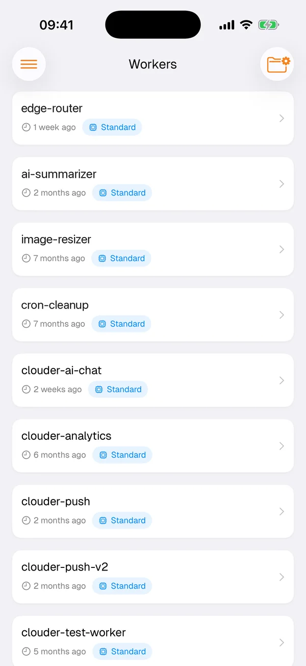 Clouder's Workers screen: edge-router, ai-summarizer, image-resizer and other scripts, each with its last deploy and the Standard usage model.
