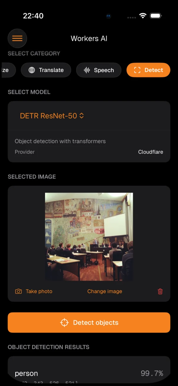 Clouder's Workers AI screen in dark mode: the DETR ResNet-50 object detection model has found a person in a photo with 99.7% confidence.